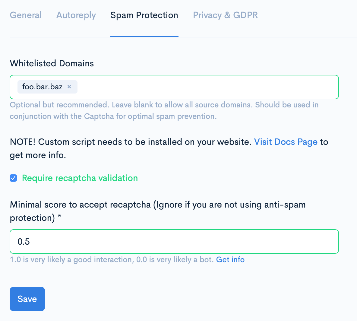 Spam Protection settings.